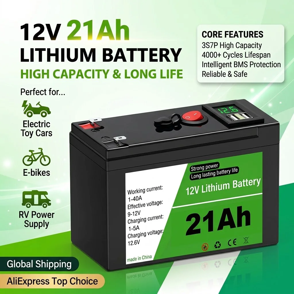 12V 21Ah Rechargeable Energy Storage Battery Built-in BMS For Solar Project RV Camping Marine Boat Off-Grid Household Power