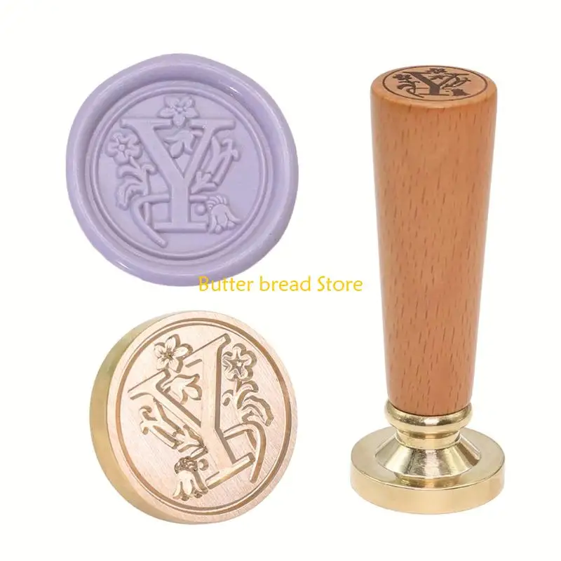 W89C Antique Design Seal Wax Stamp Set Brass Engraved Tip and Wooden Grip for Card Invitations Party Envelope