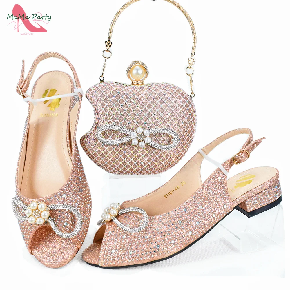 2025 Special Italian Women Design African Shoes and Bag  in Champagne Color Classics Style INS Hot Sale with Crystal for Party