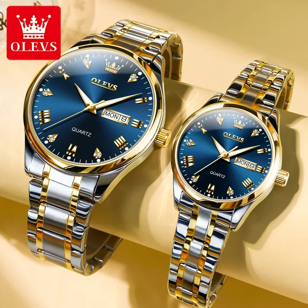 OLEVS Couple Watches Fashion Stainless Steel Date Week Dial Waterproof HD Luminous Wristwatches for Men and Women Gift Box Set