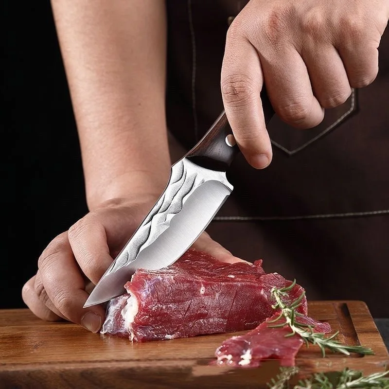 Fixed Blade Kitchen Paring Knife with Sheath, Hammered Stainless Steel Sharp Blade, Ergonomic Wood Handle for Peeling & Food Pre
