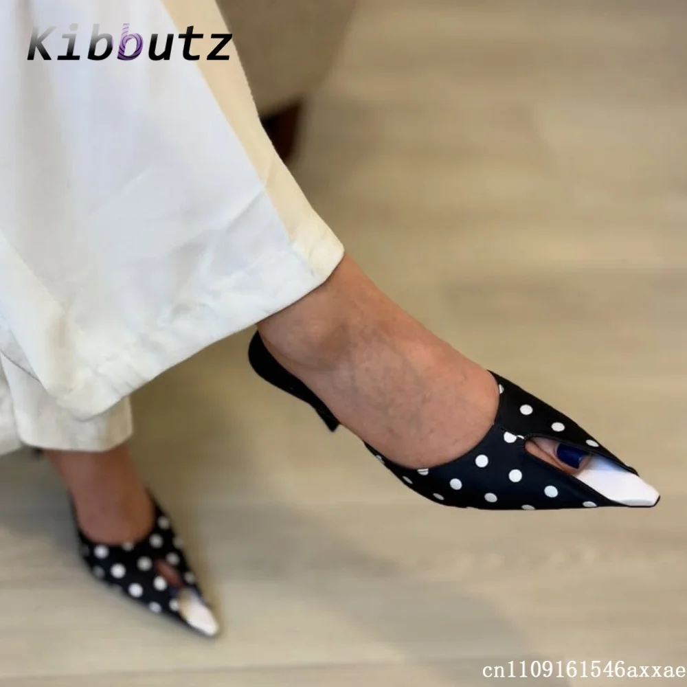 Mules de satén con punta abierta y puntos de polka dot, sin talón, para mujer, con tacón de aguja delgado, para uso casual al aire libre, oficina o caminar.