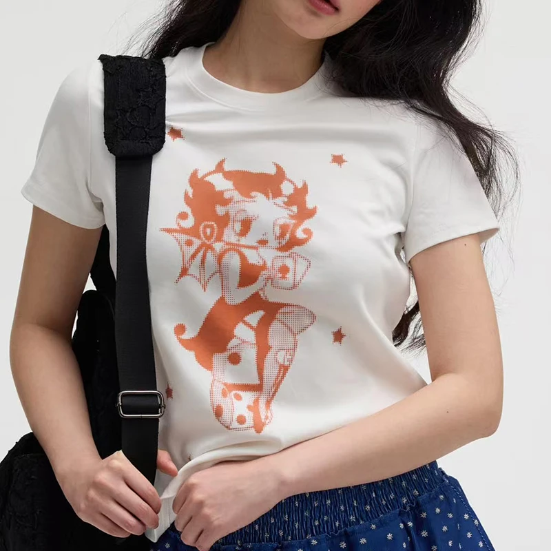 

Pabo Bet Miss Printed Micro Elastic T-irt Women's Faion Summer Cotton Blend round Ne ort Sve Top