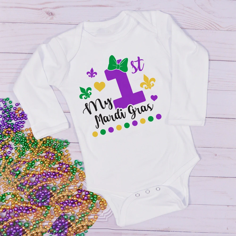 My First Mardi Gras Printed Baby Romper Mardi Gras Carnival Newborn Outfit Infant Holiday Long Sleeve Jumpsuit Toddler Bodysuit