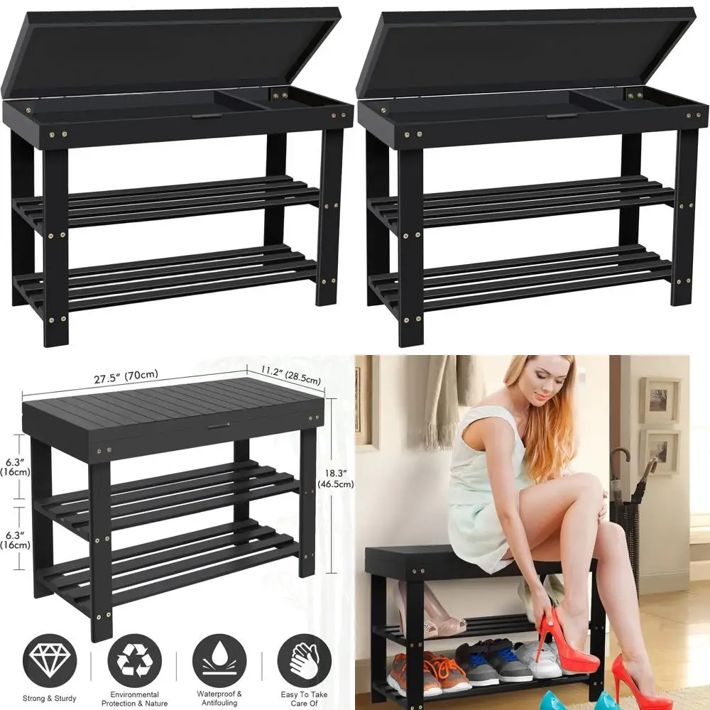3-laags bamboe schoenenrekbank met opberglade, compacte entree-organizer voor binnen- en buitengebruik, zwart