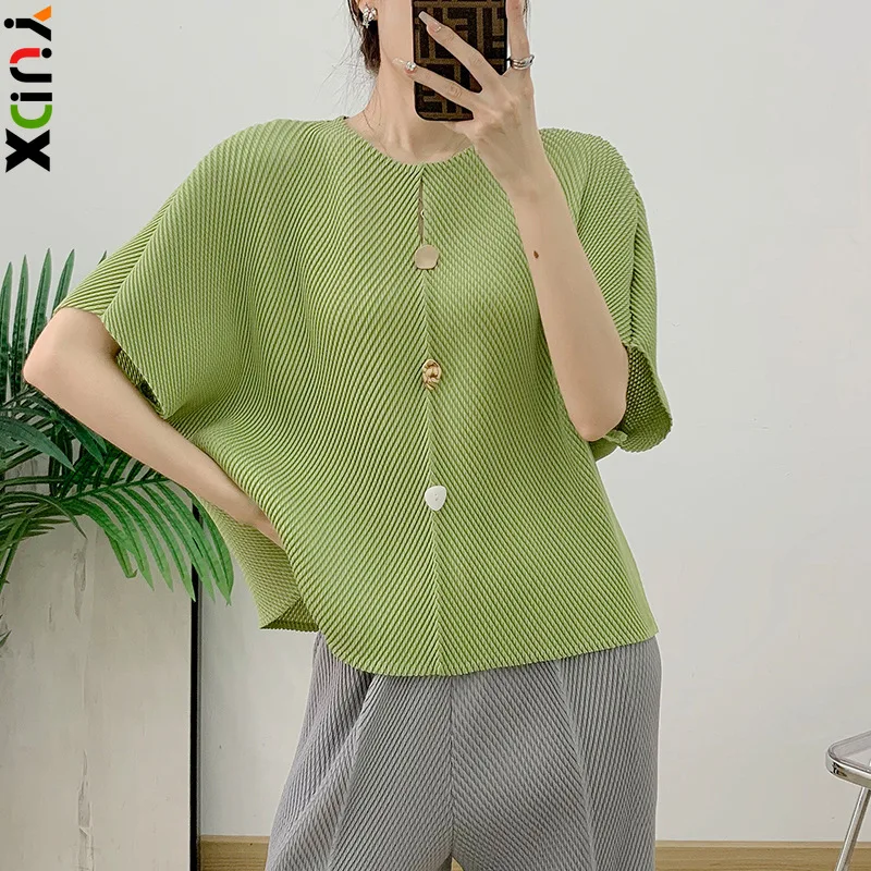 Pleated Round Neck Women's Jacket Cardigan Loose Versatile Fashion Temperament Single-breasted Design Short Top 2024 Summer New