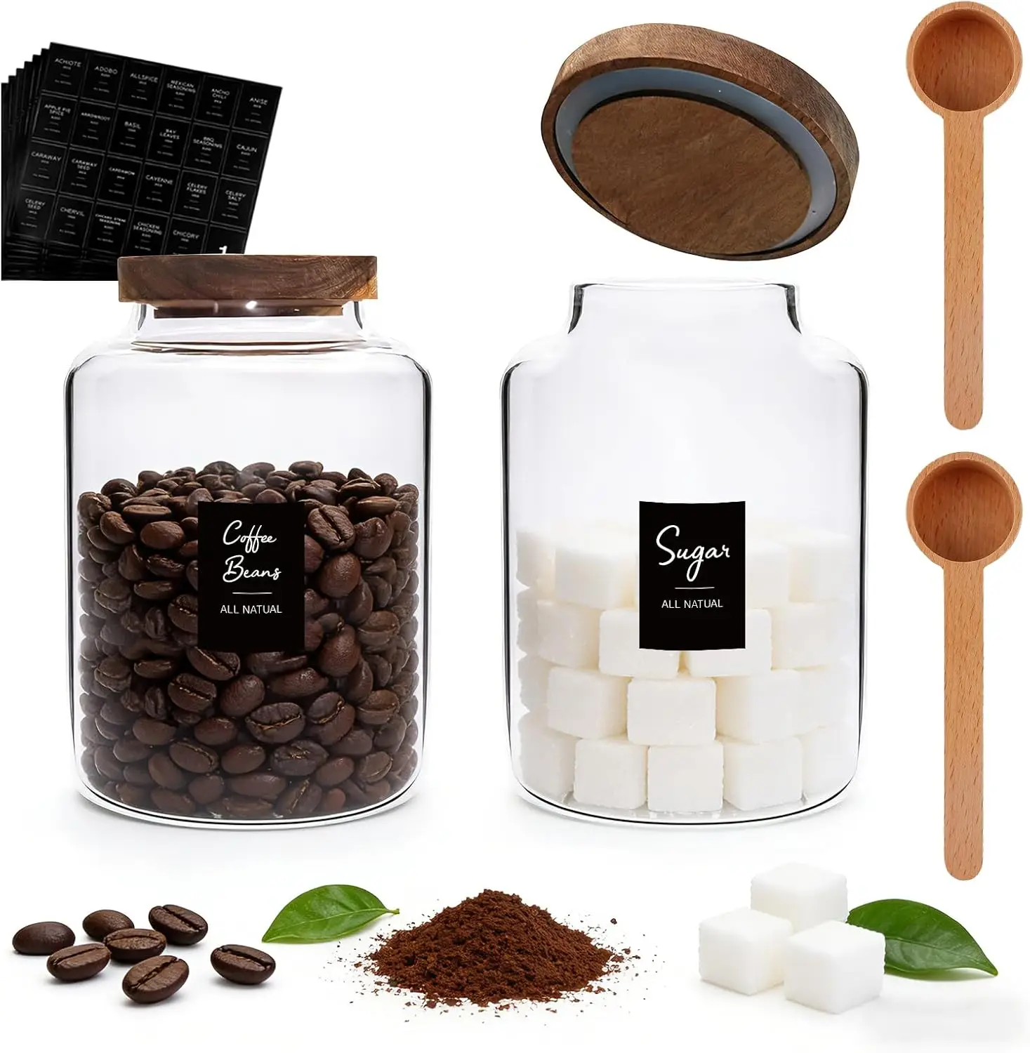 Frasco de Vidrio Grande de 66 oz con Tapas de Madera, Cucharas y Etiquetas, Recipiente de Vidrio para Café Molido, Vidrio de Borosilicato para Azúcar y Harina