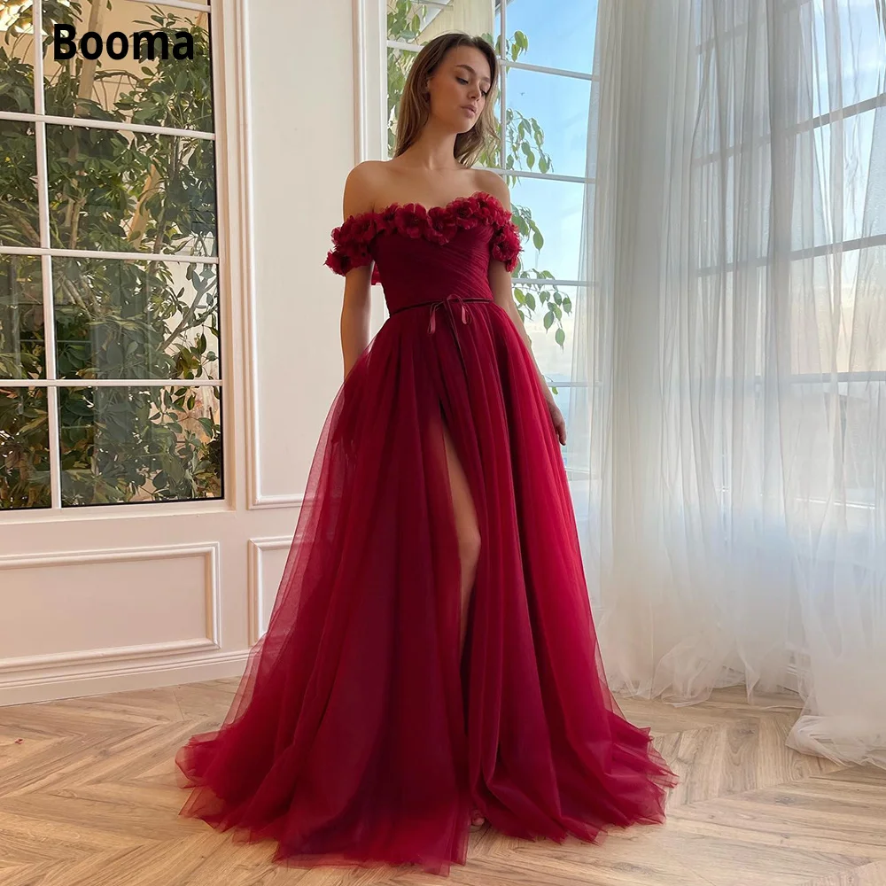 Booma Bourgondië Tulle A-lijn Prom Dresses Uit De Schouder Handgemaakte 3D Bloemen Hoge Split Maxi Avondjurken Formele Party Jurken