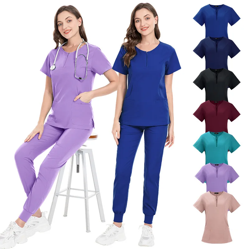 Spa Uniform Scrubs Women Breathable Soft Short Sleeved Top Joggers Pants Zipper Collar Beauty Salon Nail Technician Work Uniform