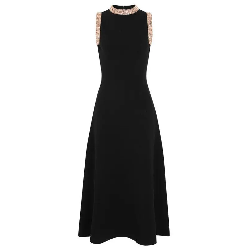 

High-Quality Summer New Style Fashionable Knitted Sleeveless Heavy Beading Dress Women's High Waist Gown City Walk round Neck