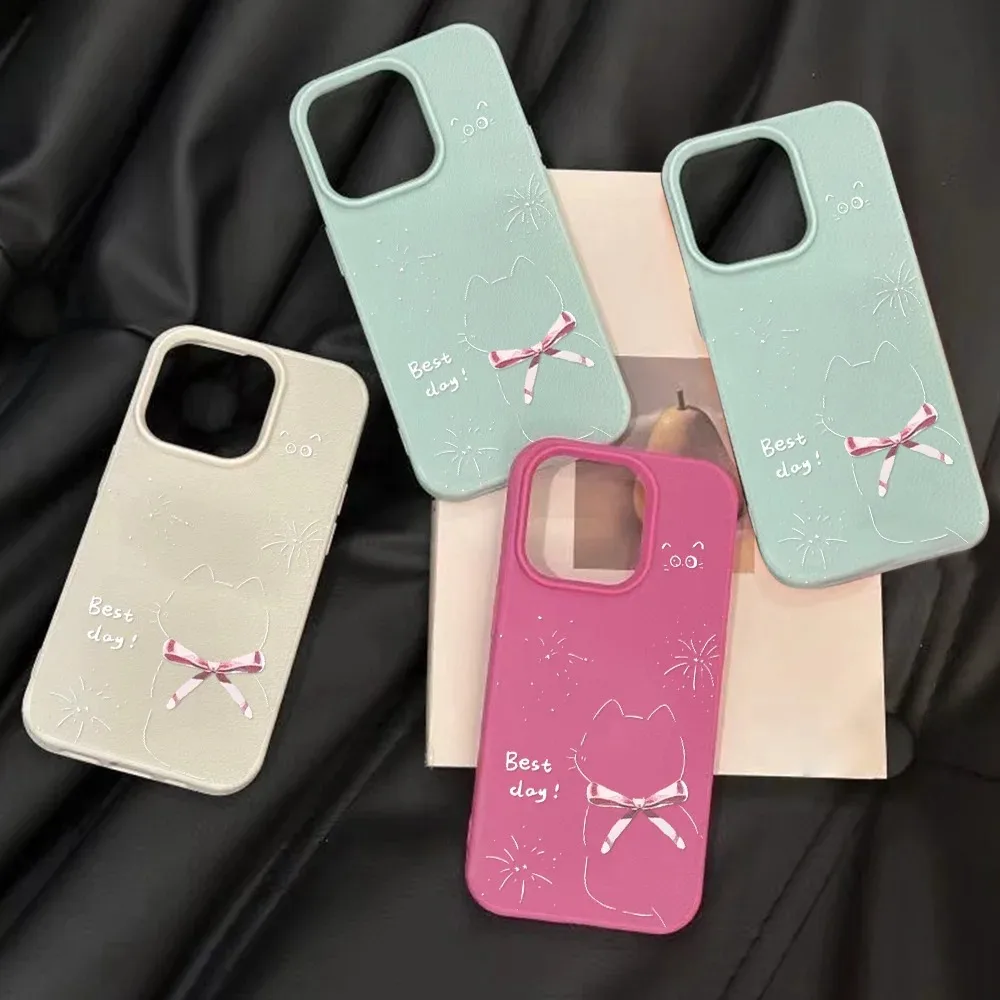 Cute Line Cat Phone Case For iPhone 15 14 Plus Case For iPhone 13 16 11 14 12 Pro Max Shockproof Silicone Soft Leather Cover
