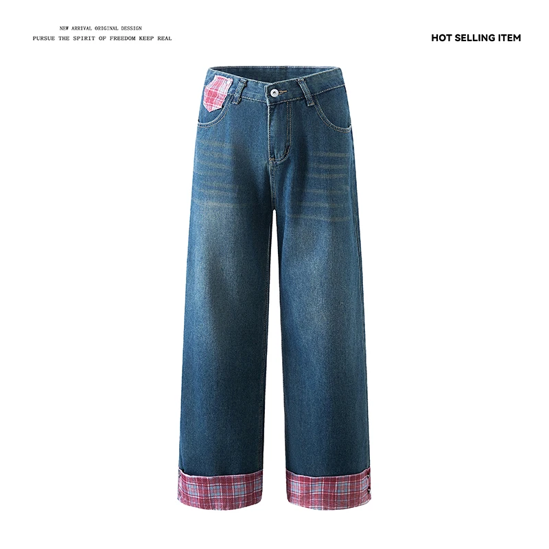 Calça Jeans Unissex Cleanfit Xadrez com Barra Dobrada, Corte Reto, Perna Larga, Comprimento Longo, Efeito Emagrecedor, Color ...