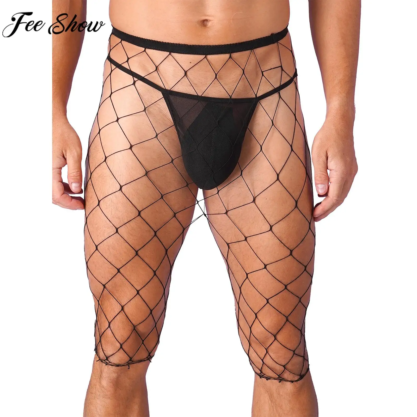 

Mens Sexy Fishnet Mesh See-through Hot Pants High Waist Knee Length Stretchy Leggings for Pool Party Rave Nightclub Nightwear