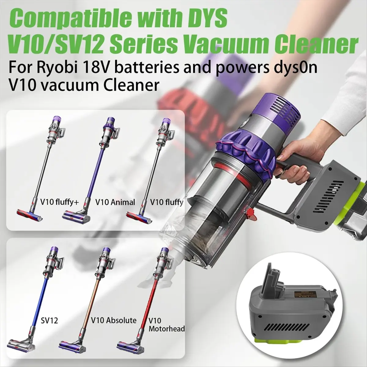 A2368FHOT]RYO18V10 Adapter for 18V ONE+ Battery Convert to for V10 Cordless Vacuum Cleaner Stick Cyclone, Absolute