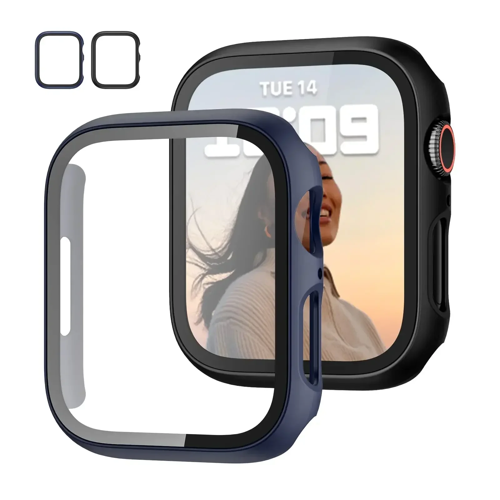 2er-Pack Gehärtetes Glas+Hülle für Apple Watch Gehäuse 44mm 40mm 42mm 41mm 45mm PC-Stoßfänger Displayschutz iWatch Serie 9 8 7 6 5 3 SE