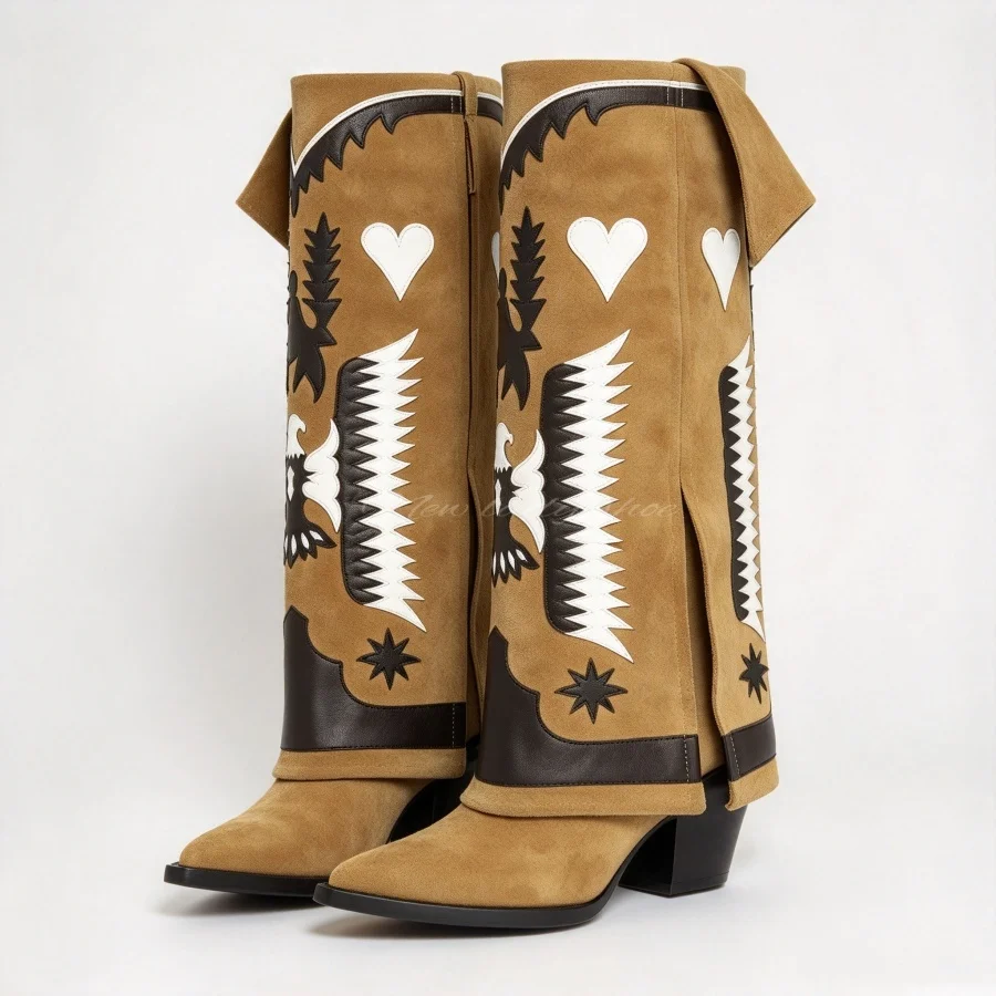 Women Color Block Embroidered Eagle Pattern Western Cowboy Cowgirl Boots Pointed Toe Chunky Heel Knee High Ladies Long Boots