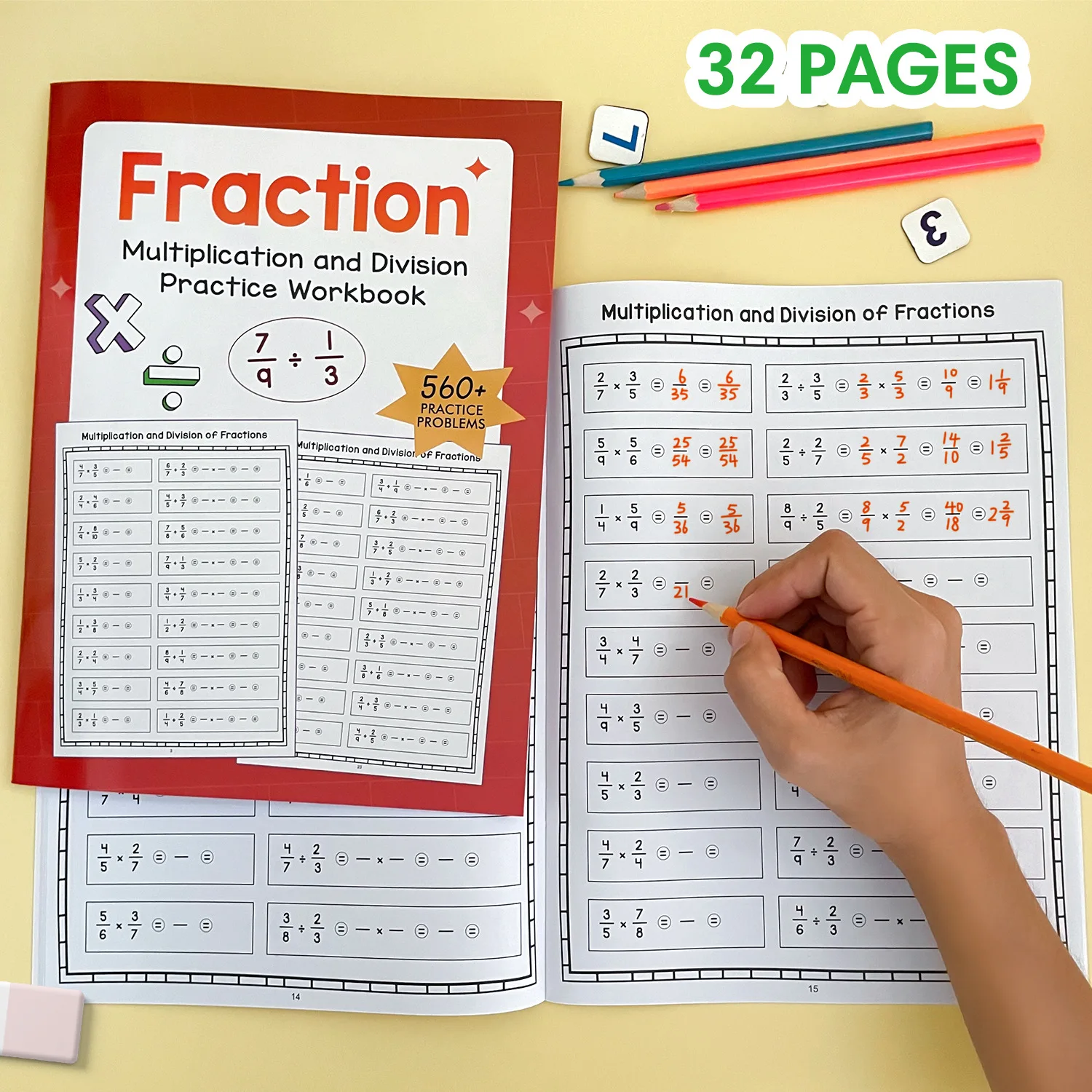 Math Fraction Multiplication Division Workbook 32 Pages A4 Thick Paper Children Math Training Practice Exercise Book