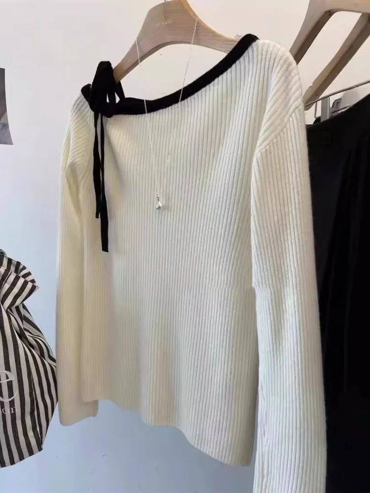 

Модный осенний женский пуловер, свитер с открытыми плечами, элегантный вязаный топ, осенний трикотаж в корейском стиле, повседневная одежда с длинными рукавами