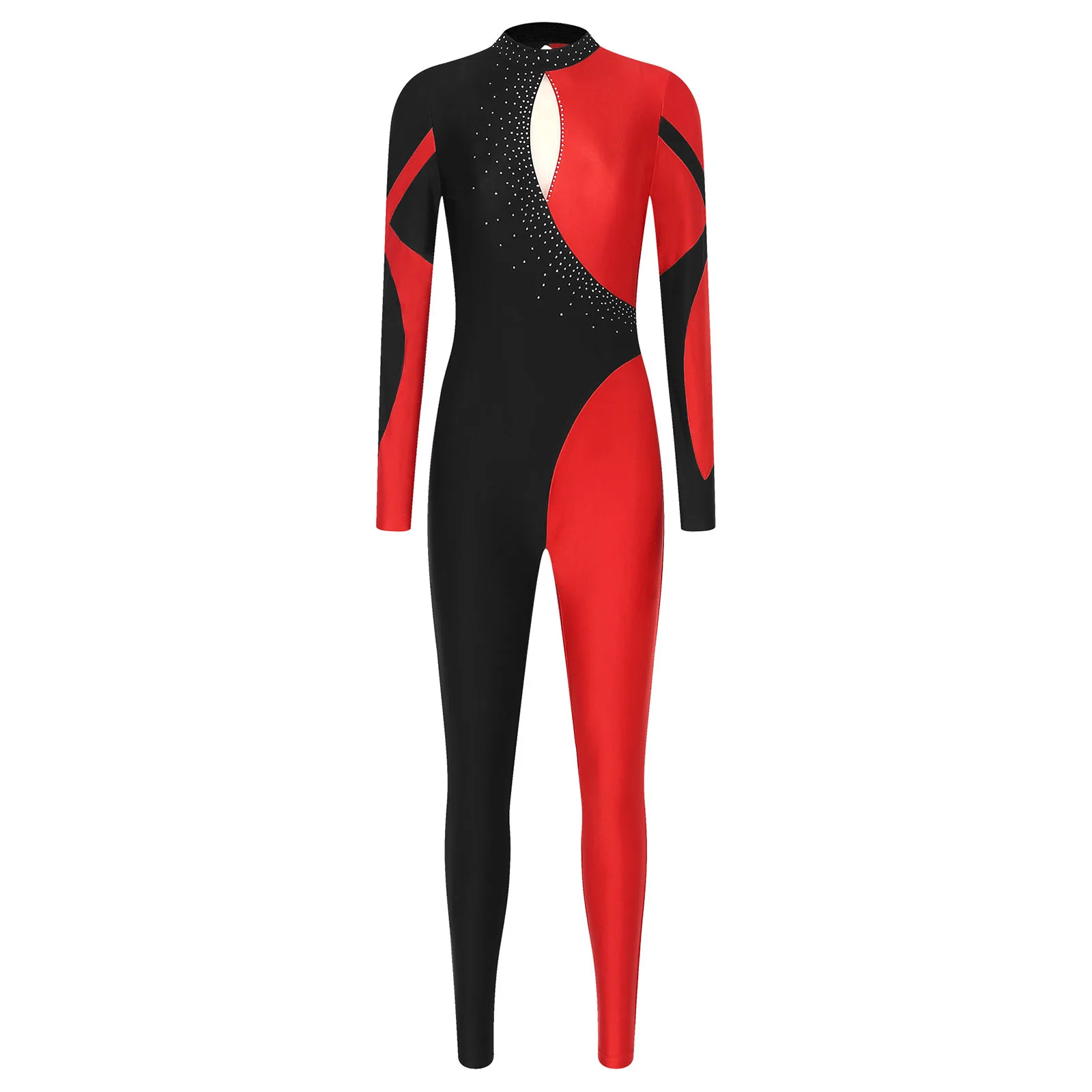 Women Gymnastics Leotard Dance Costume Contrast Color Patchwork Full Length Jumpsuit Keyhole Back Long Sleeve Mock Neck Bodysuit