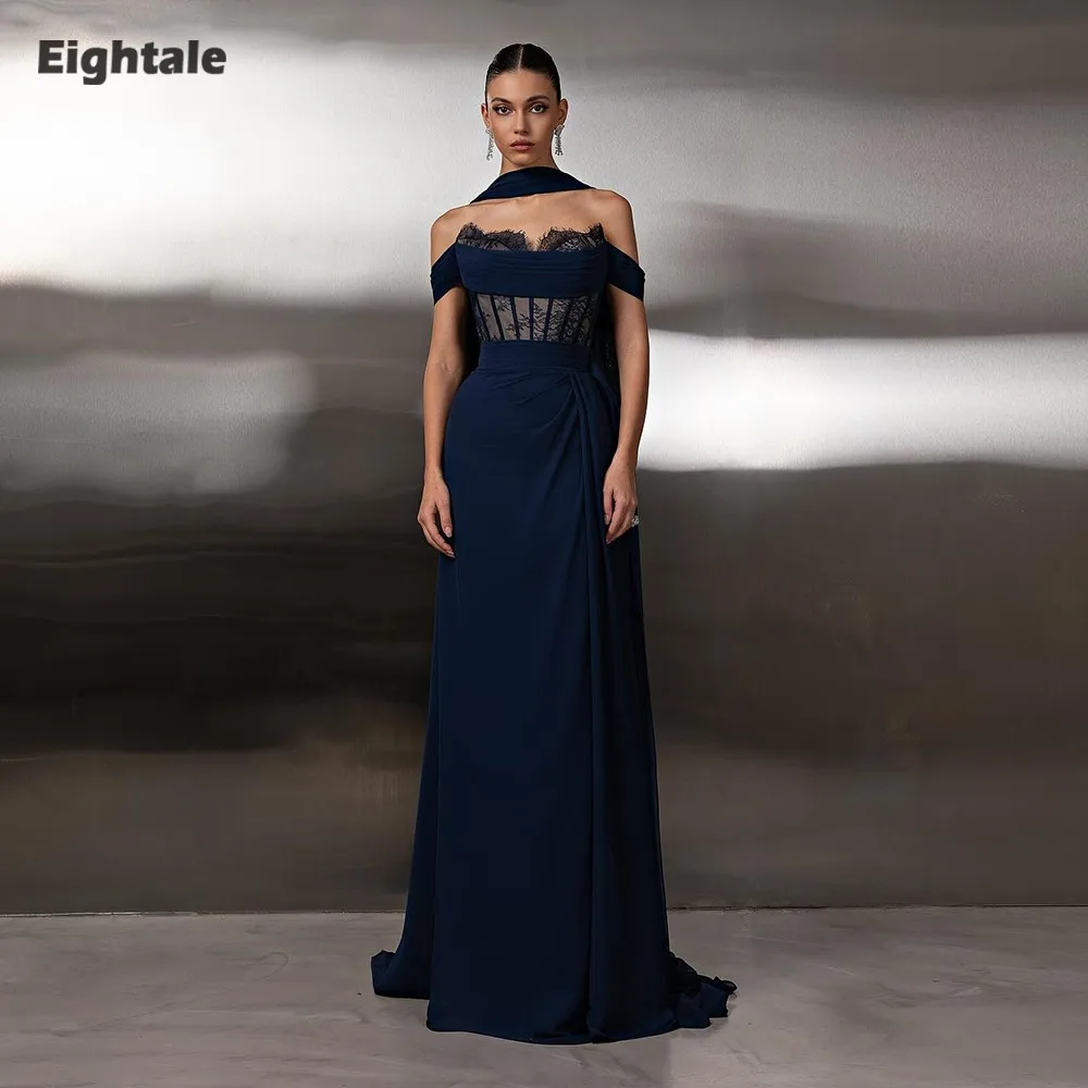 

Eightale Arabic Evening Dress Sweetheart Lace Customized Chiffon Pleats Navy Blue Floor Length Mermaid Prom Wedding Party Gown