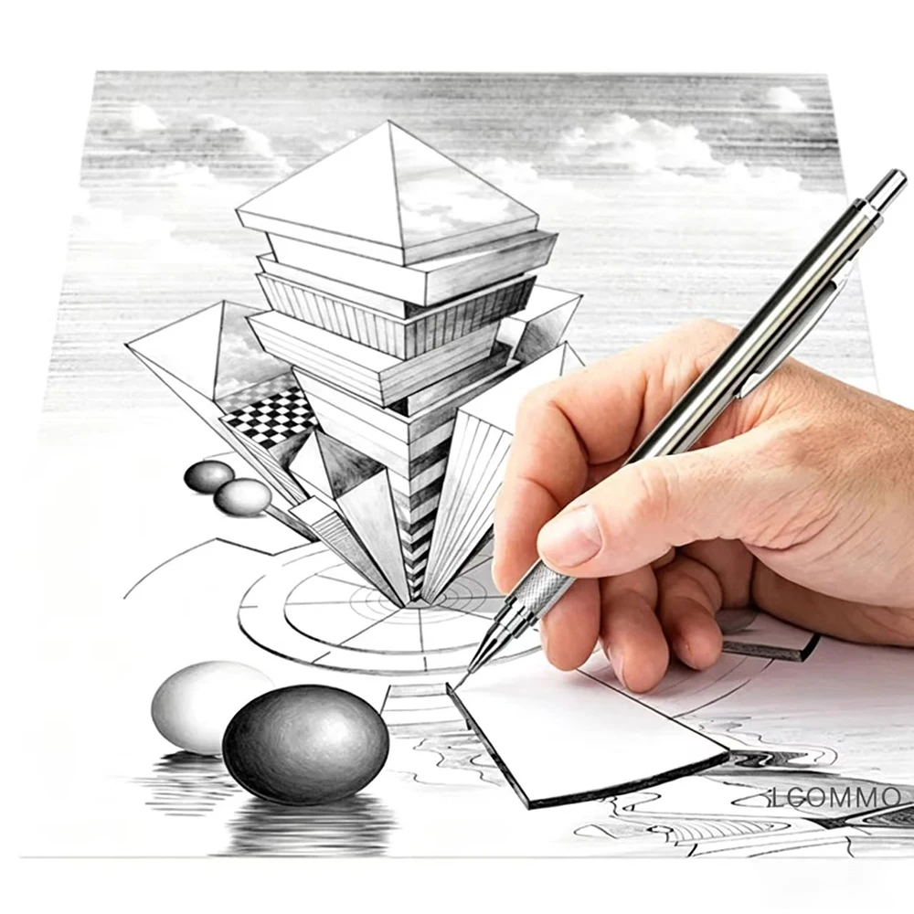 High quality 0.5/1.3/2.0 drawing engineering activity pencil, metal marker pen in black, drawing automatic pencil set stationery