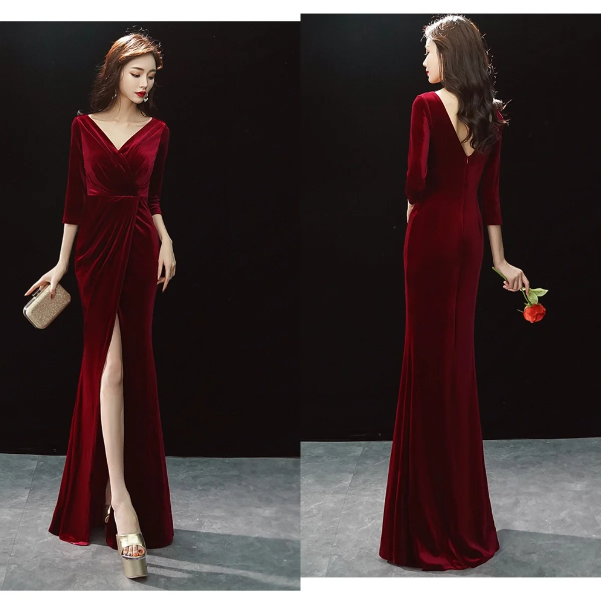 

Evening Dress Burgundy Velvet Stretchy V-neck 3/4 Sleeves Zipper Back Mermaid Trumpet Floor Length Slit Women Party Formal Gown