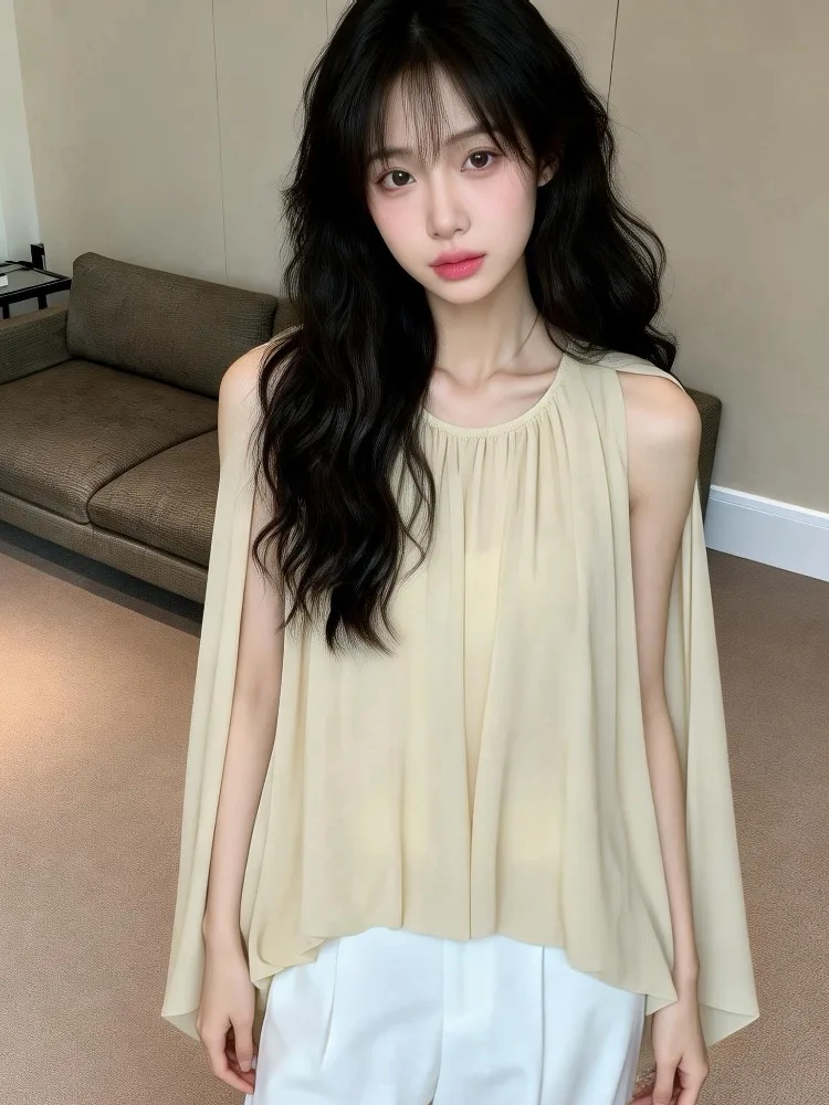 

Summer New Style Women's Loose Sleeveless Cowl Neck Chiffon Top Elegant Slimming Vacation Wear City Walk Suitable for All Bod...