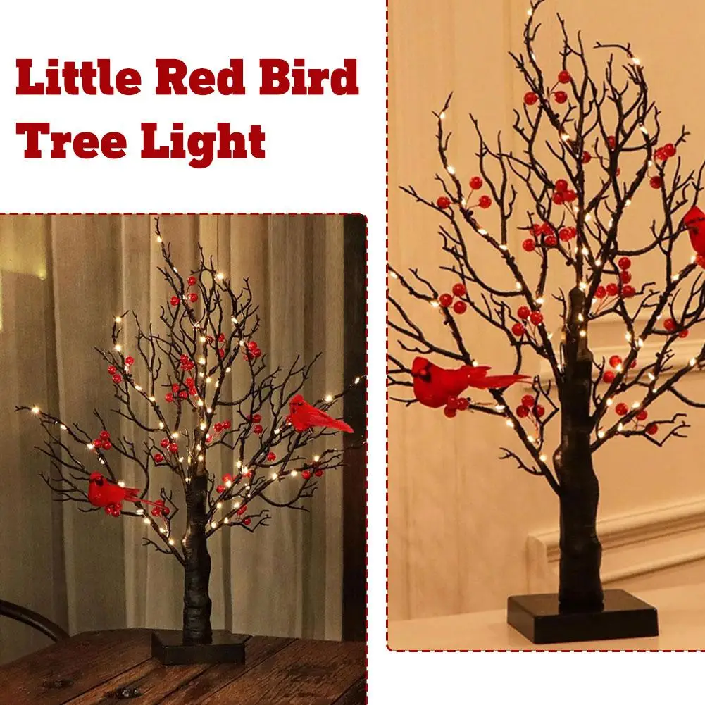 Artificial Birch Tree with LED Lights Vintage Tabletop Night Light Tabletop Decoration Red Berry & Bird Parrots Holiday Lamp