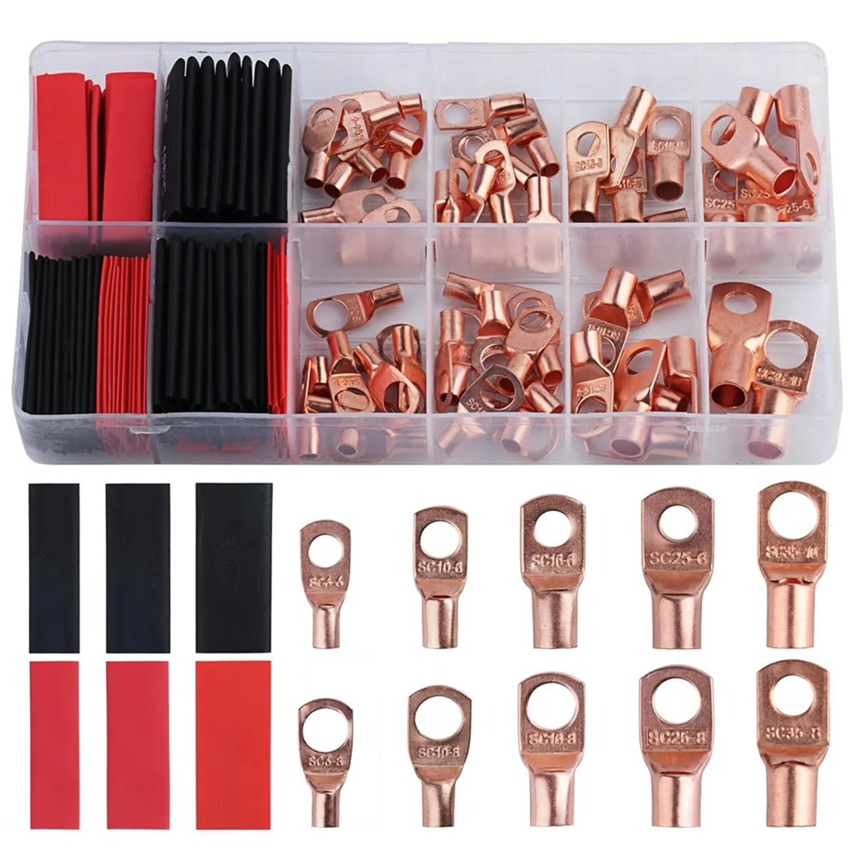 Battery Cable Ends, 150Pcs Copper Cable Wire Lugs, AWG 2 4 6 8 10 12 Gauge Wire Connectors, Battery Terminal Connectors