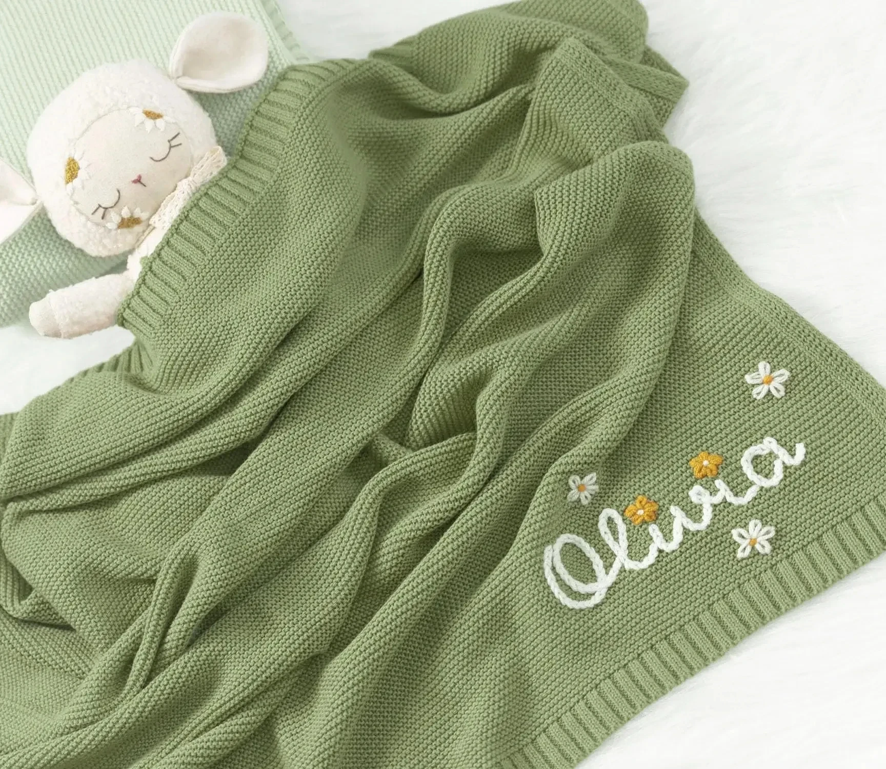 

Personalized Baby Blanket, Name Custom Knitted Baby Blanket, Hand Embroidered Name, Embroidered Custom Newborn Gift Package