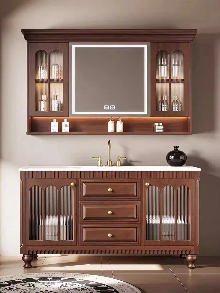 

French retro bathroom cabinet combination, intelligent custom bathroom washstand basin cabinet combination
