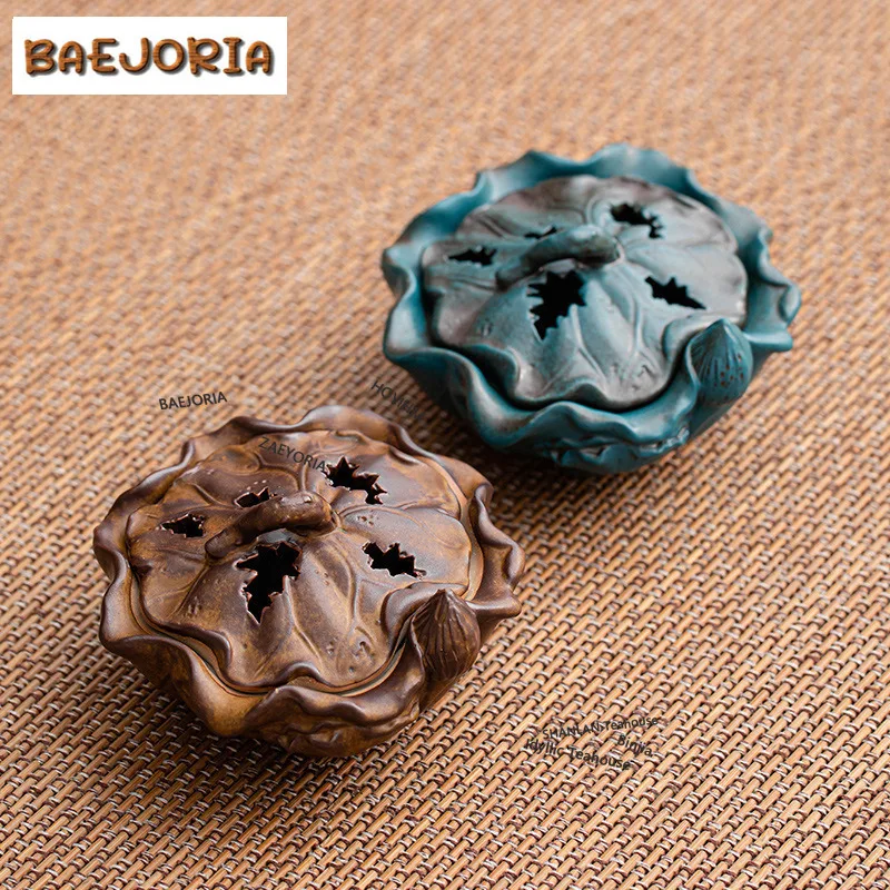 BAEJORIA Retro Lotus Ceramic Incense Burner Zen Censer Burner Holder With Cover Small Plate Incense Stand Desktop Decoration Tea