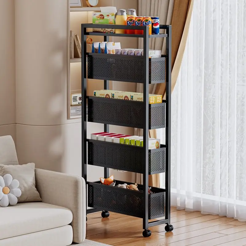 5-Tier Black Metal Rolling Kitchen Storage Cart Pull-Out Mesh Basket Trolley Slim Narrow Utility Shelf Organizer With Wheels