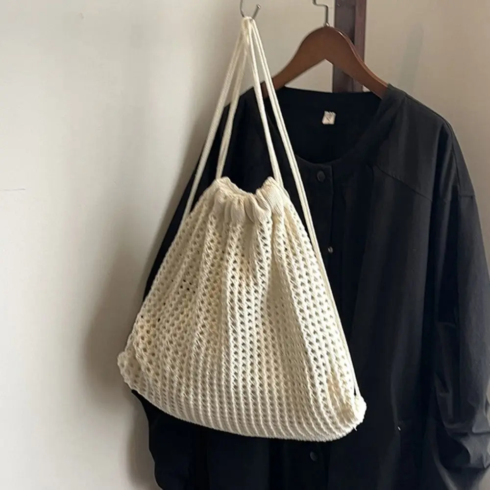 Solid Color Knitting Shoulder Bag Large Capacity Hollow Out Bohemian Crochet Backpack Versatile Lazy Style