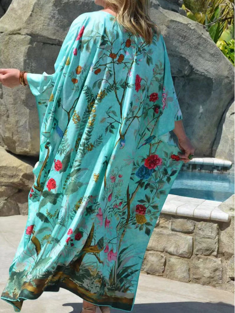 Beach Kaftans for Women Green Printed Maxi Dresses Summer Seaside Swimsuit Cover Ups Bathing Suits Bohemian Beachwear