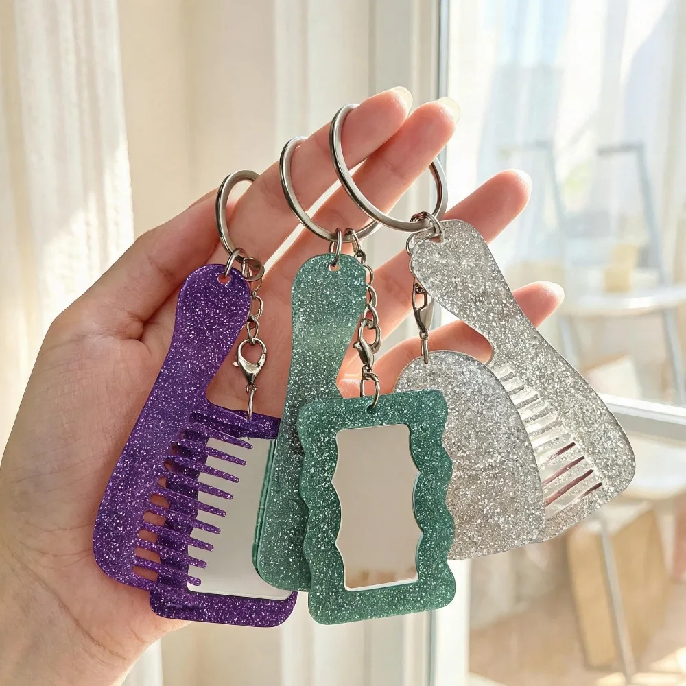 Creative Keychain Sparkling Powder Love Makeup Mirror Comb Detachable Bag Hanging Jewelry Car Keyring Accessory Gift Ornament