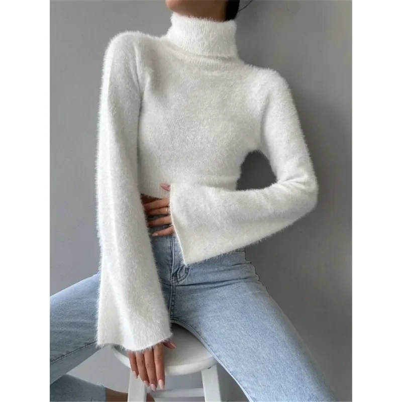 Women's High Neck Crop Open Belly Button Plush Sweater Autumn & Winter Temperament Woman Fashion Long Sleeved Casual Pullover