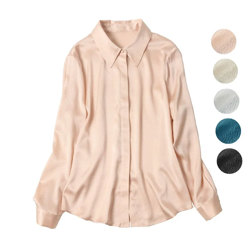 

Birdsky, Women long sleeve shirt blouse Top Tee invisible button 22MM 93% real mulberry silk 7% spandex pearl satin, S-565