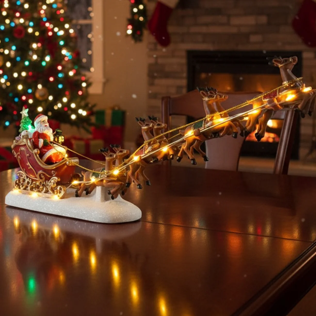 

Christmas Santa Claus Sleigh with Reindeer Figurine LED Light Holiday Village House Ornament Home Tabletop Decoration Xmas Gift