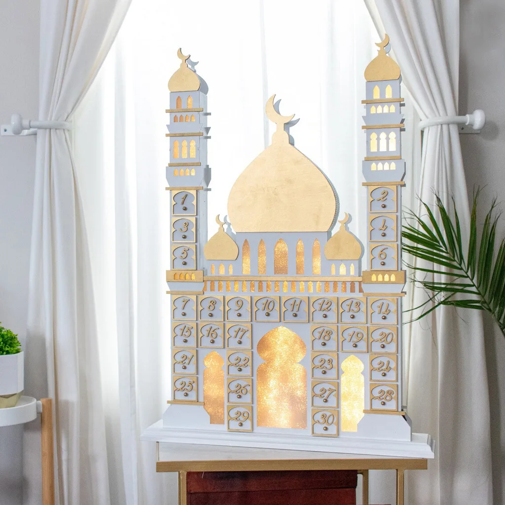 Ramadan Advent Calendar with Drawer Box Wooden Castle Calendar Cabinet For Eid Mubarak Ramadan Kareem Muslim Party Decoration