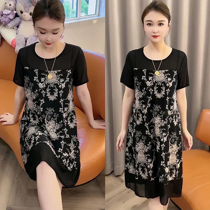 Elegante O-hals Gedrukt Gesplitst Nep Twee Stukken Bloemenjurk Dameskleding 2025, Zomer Nieuwe Losse Kantoor Dame Vintage Jurken