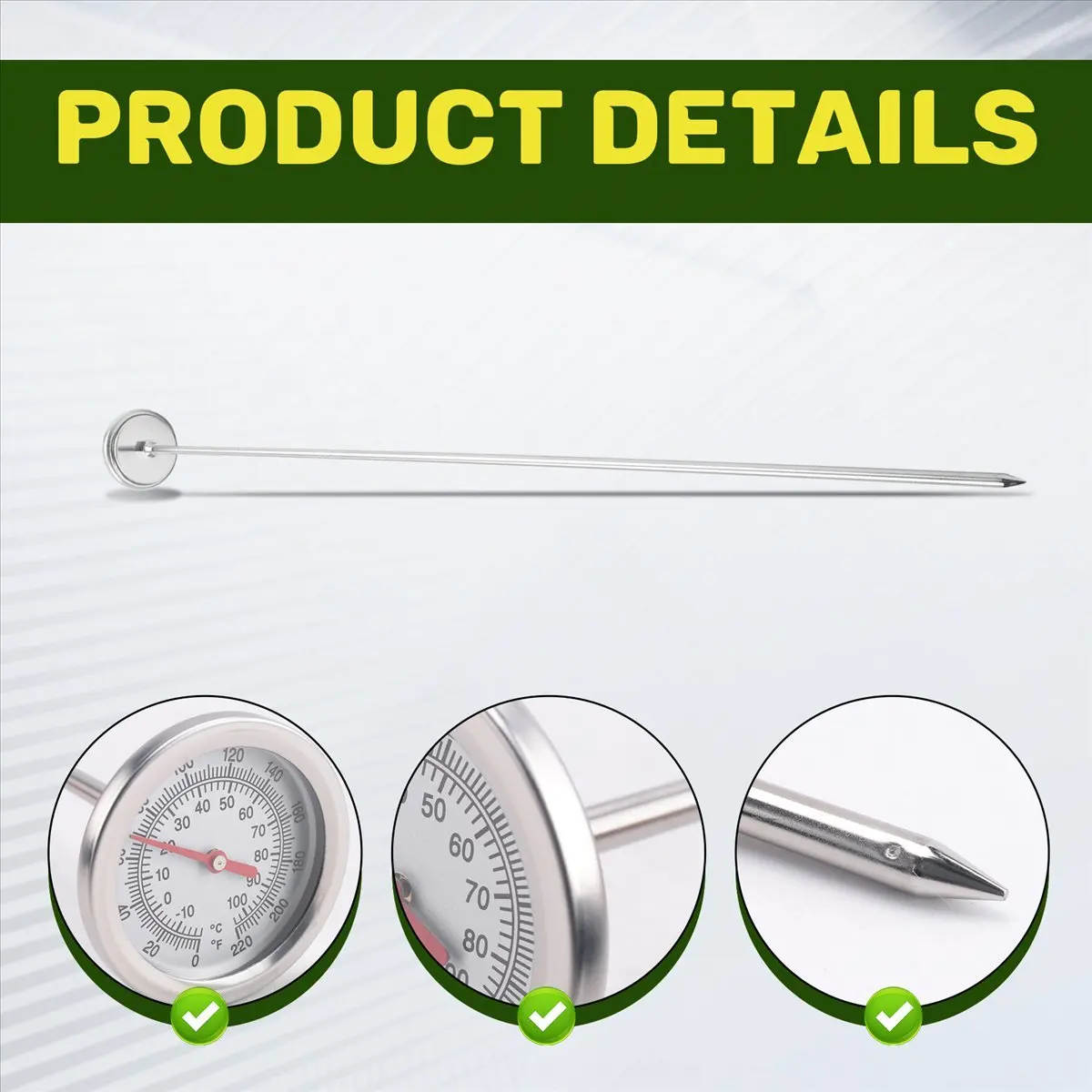 #55Q Long Stem Compost Soil Thermometer - Fast Response Stainless Steel,Compost Soil Thermometer,(Stainless steel)