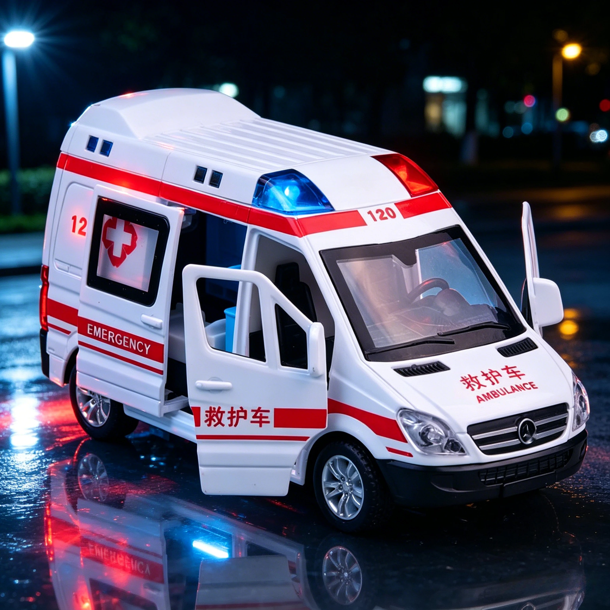 

1:32 Hospital Rescue Ambulance Police Diecast Car Model with Pull Back Sound Light Toys Gifts