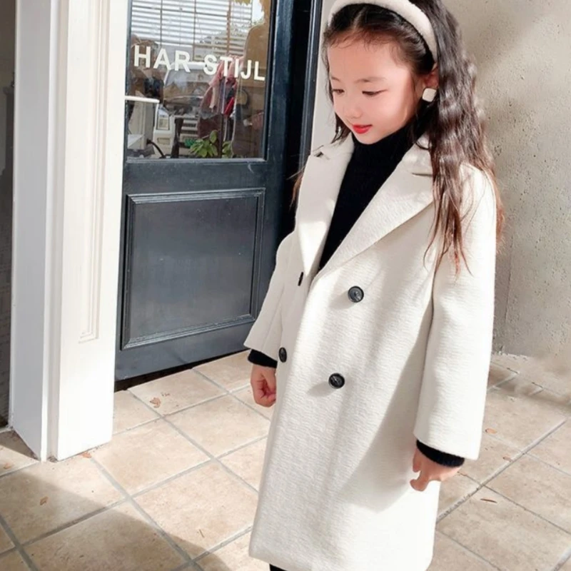 Girls Woolen Coat Overcoat Jacket Windbreak 2024 White Warm Plus Thicken Autumn Winter Cotton School Children\'s Clothing