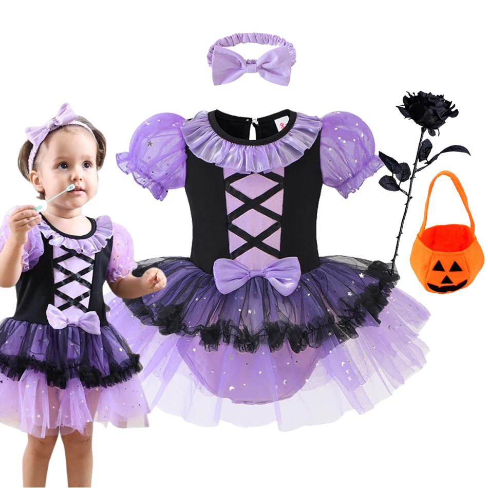 

2025 Baby Girls Witch Princess Outfit Infant Baby Tutu Halloween Cosplay Dress Kids Romper Clothes Birthday Costume Dress