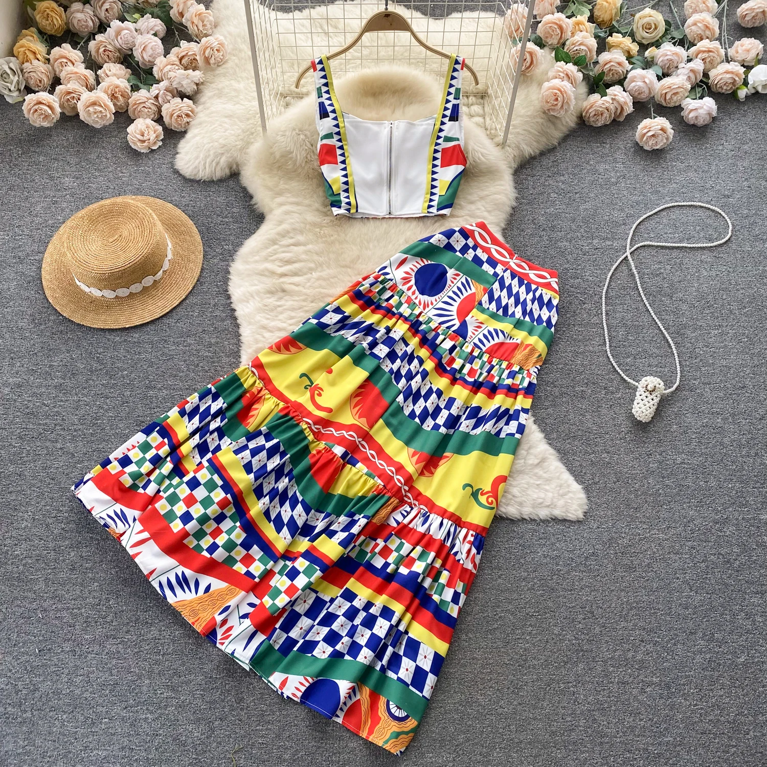 Summer Runway Holiday Beach Two Piece Set Women\'s Cup Padded Spaghetti Strap Colorblock Print Short Crop Tops＋Maxi Skirts Suit