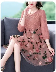 2025 Summer New Pink Black Embroidered Silk Floral Dress Women Mesh Loose Midi Dress O-Neck Casual Elegant Party Vestidos