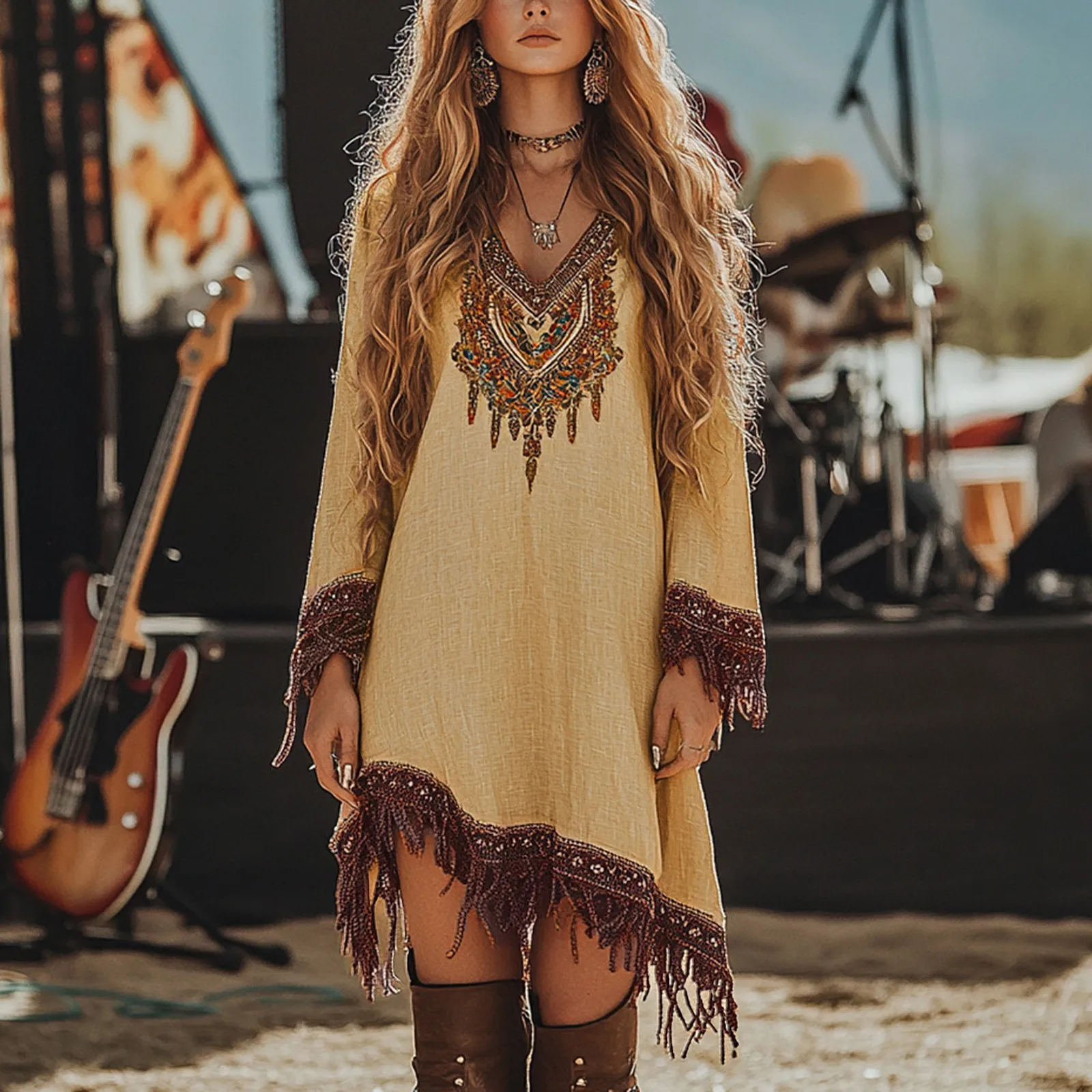 Vestido Irregular holgado de manga larga con cuello en V y borlas fluidas bohemias a la moda para mujer, ropa Vintage cómoda de estilo festivo
