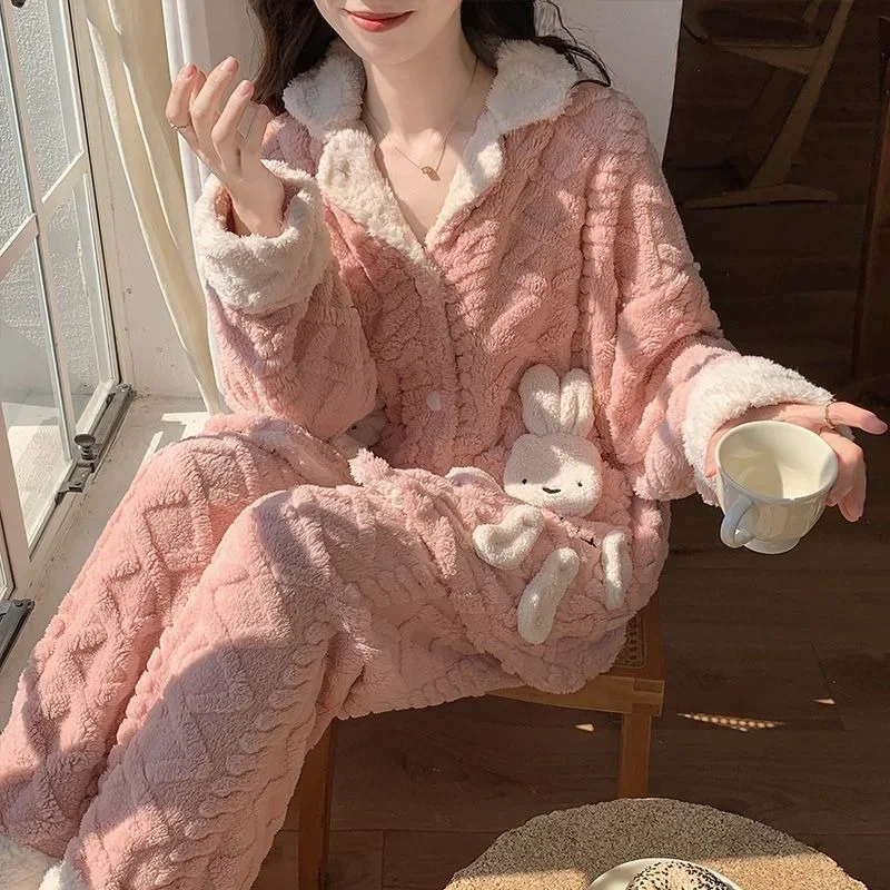 Famale-Pijama de terciopelo Coral para mujer, ropa de estar por casa de felpa gruesa, traje de mantener el calor, conjunto de ropa de dormir para