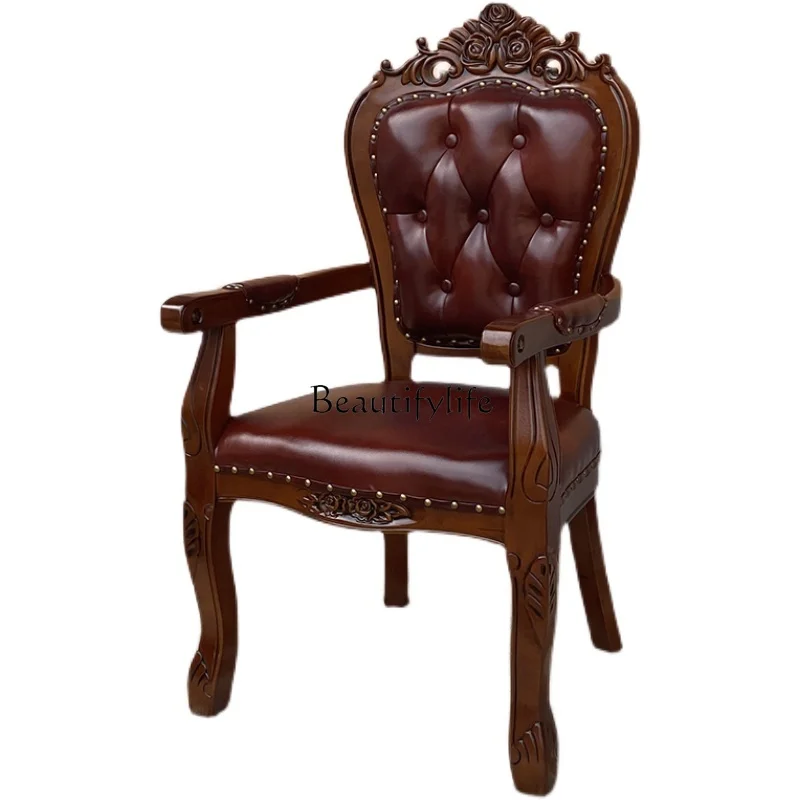 

European dining chair solid wood armrest leather simple hotel negotiation backrest adult chair